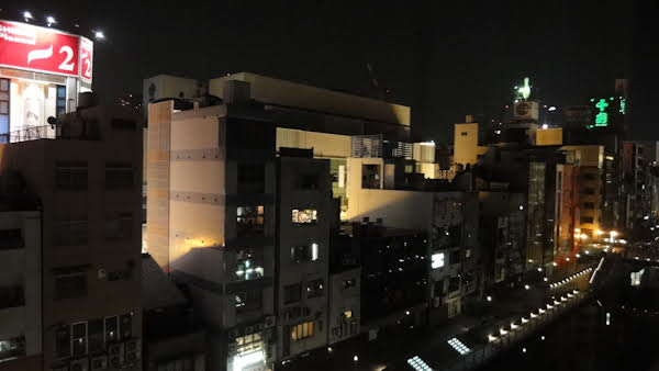 the same row of slim buildings along the Dotonbori canal lit up at night